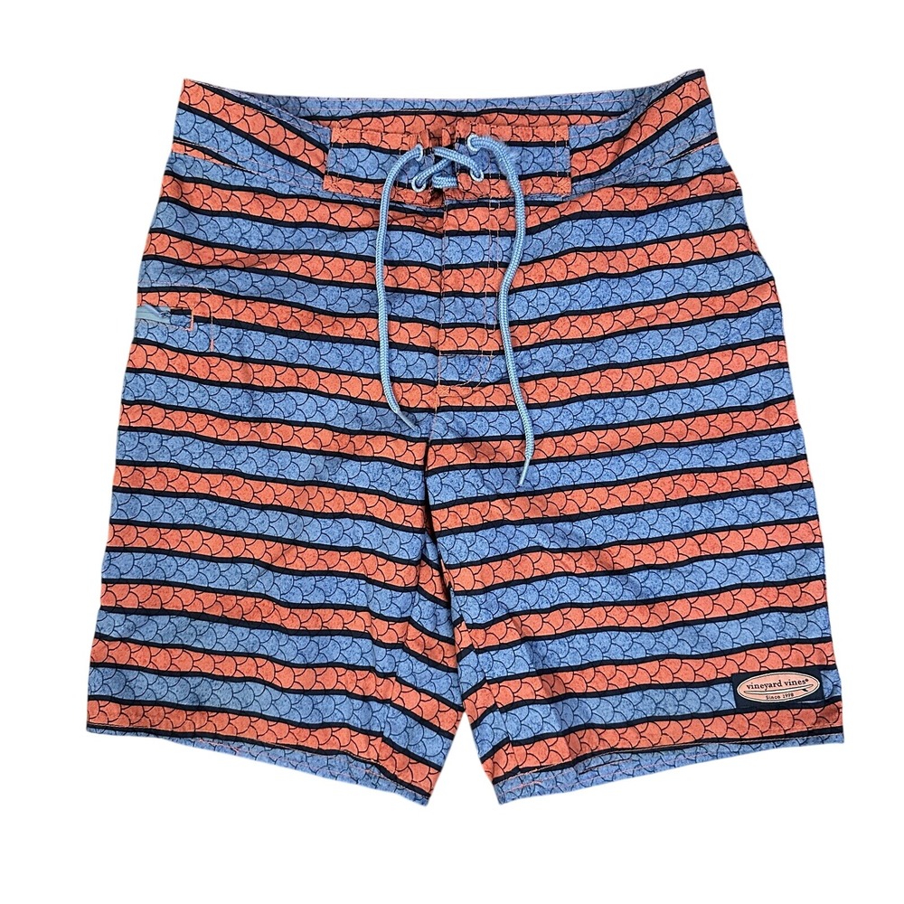 Vineyard Vines Board Shorts Mens 28 Blue Orange Fish Scale Stripe Swim Trunks